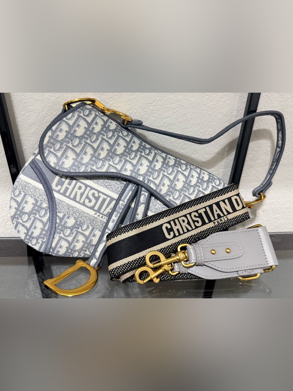 Dior Gray Oblique Saddle Crossbody with Logo Strap